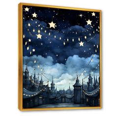 the night sky with stars and clouds is painted in gold framed art print on canvas