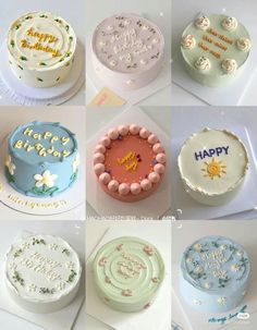 many different types of birthday cakes with happy written on them, all decorated in pastel colors