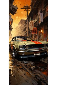 a painting of an old muscle car on the street