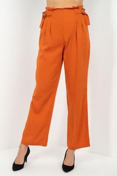 Imported S.M.L A pair of woven pants featuring a solid color, a high waist with ruffle trim, a partially smocked back, side adjusters, front pleats, and a wide leg. 100% Polyester Rust IRI High Waist Paperbag Wide Pants split Item Measurements: SIZE S Measurements: SIZE SInseam:41" Length:30" Hips:26" Rise:13" split split Paperbag Hose, Pantalon Large, Wide Pants, High Waisted Trousers, Pair Of Pants, Ruffle Trim, High Waisted Pants, Fashion Boutique, Wardrobe Essentials