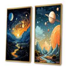 two paintings with planets and stars on them