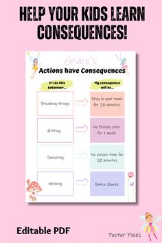 a pink poster with the words help your kids learn consequents on it