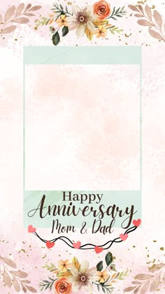 a happy anniversary card with flowers and leaves on the front, in pastel tones