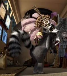 two animated animals standing next to each other in front of televisions and pictures on the wall