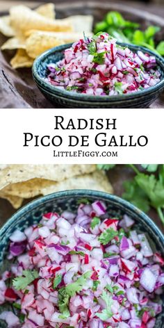 a bowl filled with red onions and cilantro next to tortilla chips