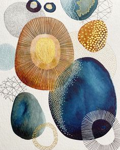 an abstract painting with blue, yellow and orange circles on white paper in the background