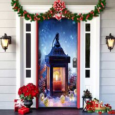 the front door is decorated for christmas with presents and decorations around it, including a lantern