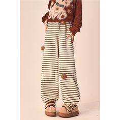 J-026-07 Striped Sweatpants, Fleece Sweatpants, Multiple Color, Fabric Cotton, Apricot, Womens Bottoms, Wide Leg, Sweatpants, Fall Winter