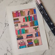 a drawing of a book shelf with books on it and two crayons next to it