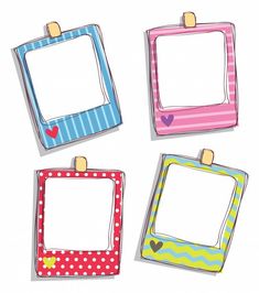 four colorful frames with hearts on them hanging from clothes pegs, one has a heart in the middle