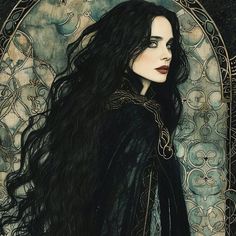 a painting of a woman with long black hair