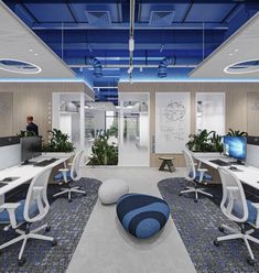 an office with blue and white decor on the ceiling is pictured in this artist's rendering