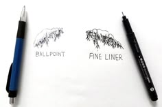 two pens are sitting on top of a piece of paper with the words ballpoint and fine liner