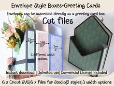 the instructions for how to make an embellished greeting card box with flowers in it