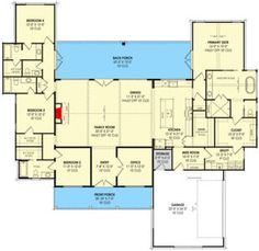 the floor plan for a house with an indoor swimming pool and two separate living areas