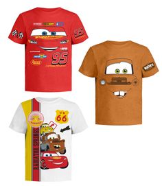 three t - shirts with cars on them, one is red and the other is brown