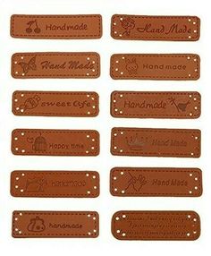 leather name tags for handmade products are shown on a white background with clippings