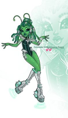 a drawing of a woman with green hair and an alien like outfit, holding her hands out