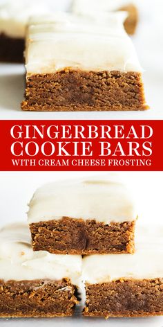 gingerbread cookie bars with cream cheese frosting are stacked on top of each other