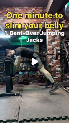 a man jumping over a bench in a gym with the words one minute to slim your belly