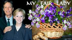 a man standing next to a woman in front of a basket filled with purple flowers