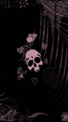 a skull and flowers on a black background with swirly lines in the middle,