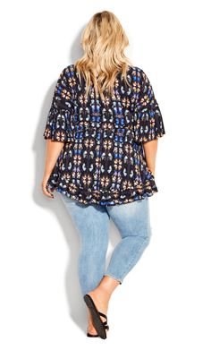 Feel those first love butterflies with the Harper Tunic in this spellbinding print! The ruffle sleeves and trim keep this top feminine and flirty, all based in blue tones to keep this wearable for any occasion. Key Features Include: - V-neckline - Elbow-length ruffle cuff sleeves - Pull-over fit - Relaxed swing silhouette - Hi-lo ruffle trim hemline Get a casually cute look with a pair of stretch denim shorts and some silver accessories, from shoes to earrings. | Plus Size Tunic Harper In Butter Love Butterflies, Party Dress Sale, Stretch Denim Shorts, Curve Fashion, Smock Top, Casual Evening, Leggings Sale, Women Tunic Tops, Career Dress