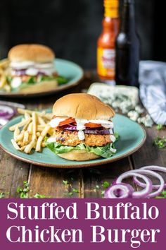 two plates with chicken burgers and french fries