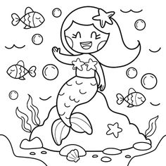 the little mermaid is swimming in the ocean with her fish and bubbles coloring pages for kids