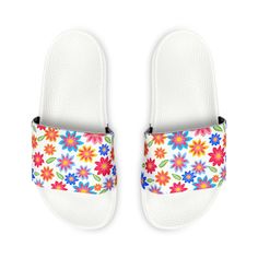 Take on the summer heat with style thanks to these personalized slide sandals for women. Made with PU outsoles and an edge-to-edge strap customization that will never peel, crack, or fade, these sandals feature a high-end quality factor comparable to household-name brands. The straps are made with neoprene and polyester to avoid chafing while the ergonomic sole keeps discomfort at bay. .: Material: 100% PU (polyurethane) outsoles / polyester & neoprene straps .: Black & white outsole color options .: Printed strap surface .: Includes brand name on the bottom of the sole .: Blank product sourced from China .: *Straps are NOT removable US 6 US 7 US 8 US 9 US 10 US 11 US 12 EU size 37.5 38.5 40 41 42 43 44 UK size 4 5 6 7 8 9 10 Length, in 9.06 9.49 9.80 10.12 10.31 10.51 10.79 Non-slip Jelly Sandals For Spring, Cushioned Open Toe Slides In Eva, Eva Slides With Cushioned Footbed And Open Toe, White Trendy Slip-on Jelly Sandals, Synthetic Slip-on Sandals For Summer Outings, Slip-on Flat Flip Flops For Vacation, Trendy Slip-on Platform Slippers For Vacation, Trendy Slip-on Platform Slippers For Summer, Slip-on Eva Sandals With Textured Footbed