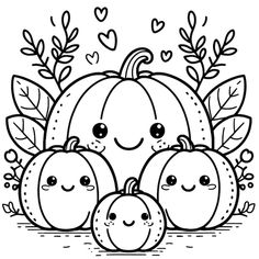 a black and white drawing of three pumpkins with leaves around them, surrounded by hearts