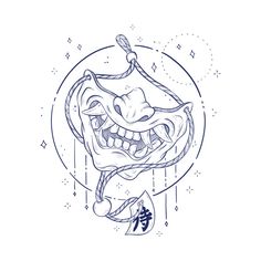 a drawing of an evil clown with chinese characters on it's face and tongue