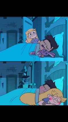 the cartoon character is laying in bed with his teddy bear, and he's sleeping on