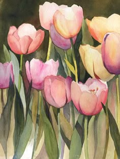 watercolor painting of pink and yellow tulips