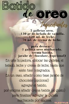 a poster with an ice cream sundae in it's center and the words batidio de oreo written below