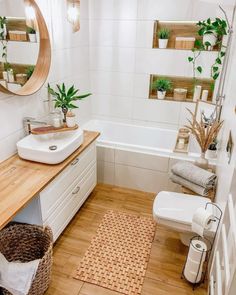 a white bathroom with wood floors and plants on the shelf above the sink, along with a bathtub