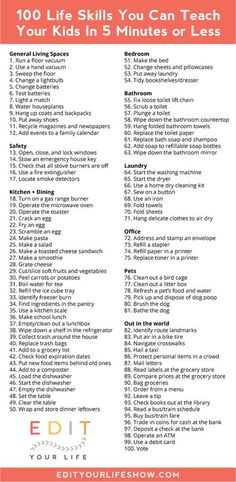 a list with the words, 100 life skills you can teach your kids in 5 minutes or less