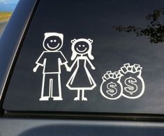 a sticker on the back of a car shows a man and woman holding hands