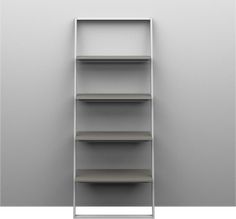 an empty shelf in the corner of a room with white walls and grey flooring