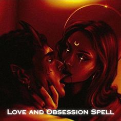 a man and woman kissing in front of a red background with the words love and obsesion spell