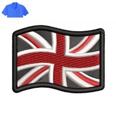 the british flag patch is shown on a white background and has a blue shirt underneath it