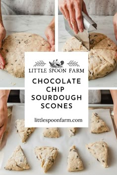 a person cutting up some food on top of a white board with the words little spoon farm chocolate chip sourdough scones