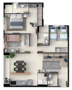 an overhead view of a bedroom and living room in a floor plan for a house