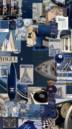 a collage of blue and white pictures with various items