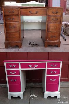 before and after photos of an old desk turned into a dressing table with pink paint