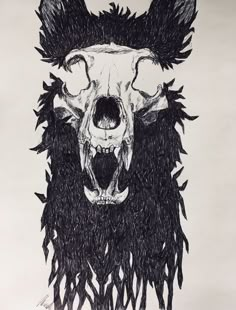 a black and white drawing of a bear's skull with spikes on its head