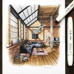 a drawing of a living room with wood floors and windows in the ceiling is shown