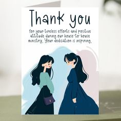 a card with two women talking to each other and the words thank you on it