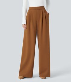 Brown High-waisted Wide Leg Pants For Work, Brown Wide Leg Ankle-length Workwear Pants, Wide-leg Work Pants With Pockets, Brown Ankle-length Wide Leg Pants For Work, Brown Ankle-length Work Pants, Brown High-waisted Pants For Workwear, Brown High-waisted Pants For Work, Brown Fall Work Pants, Brown Wide Leg Pants With Pockets For Office