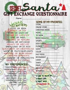 the secret santa gift exchange questionnaire is shown in red, green and white letters